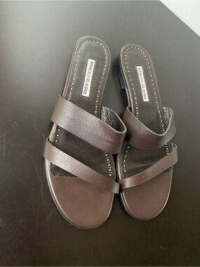 Manolo Blahnik Dark Brown Leather Double-Strap Slide Sandals - Serrato